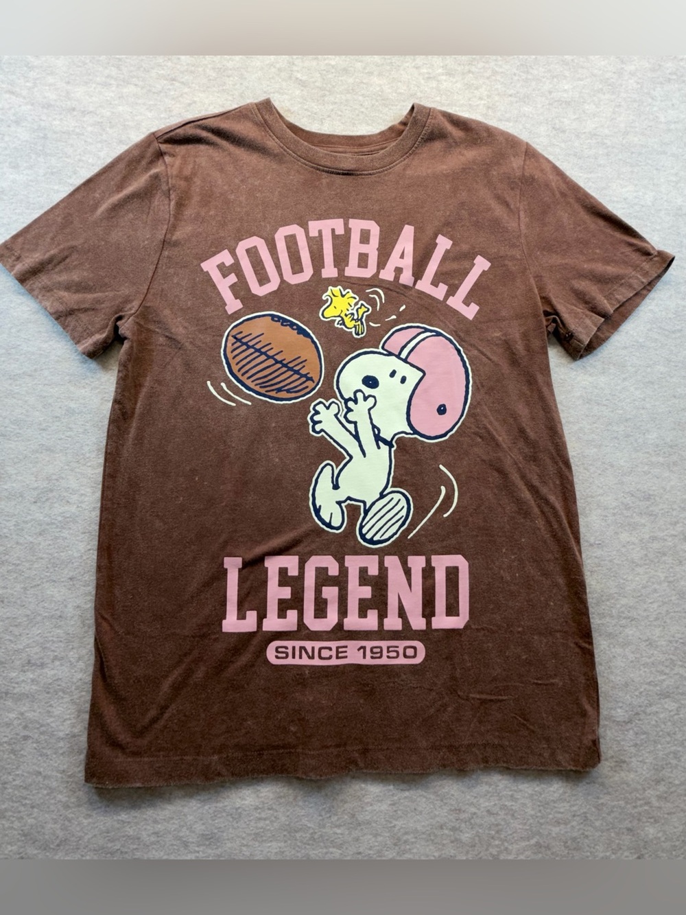 Peanuts Snoopy Football Legend Graphic Tee Brown Pink Size S NWOT
